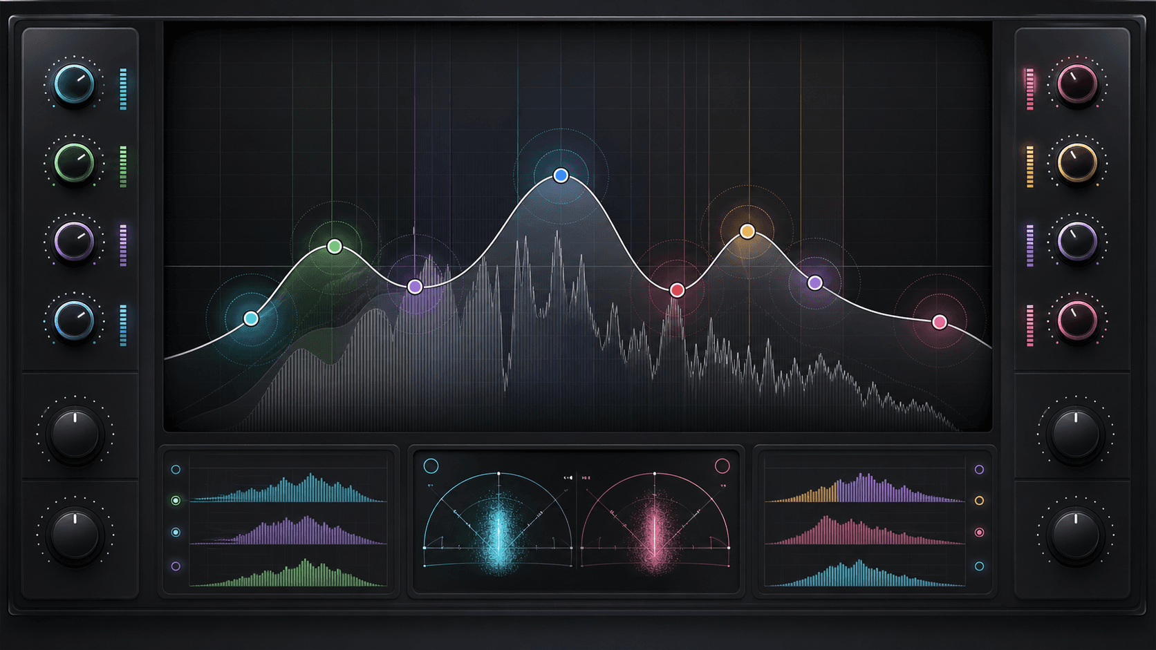 Chosen EQ frequency graph, mid-side, and dynamic EQ visual
