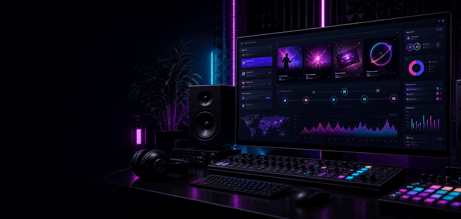 Song promotion dashboard with playable promo panels and audio waveforms