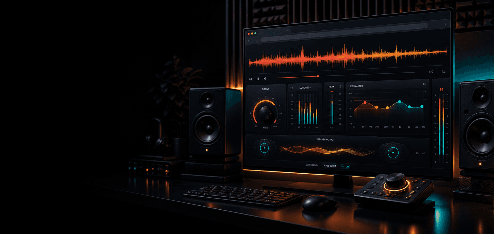 Browser audio booster with loudness meters and gain controls