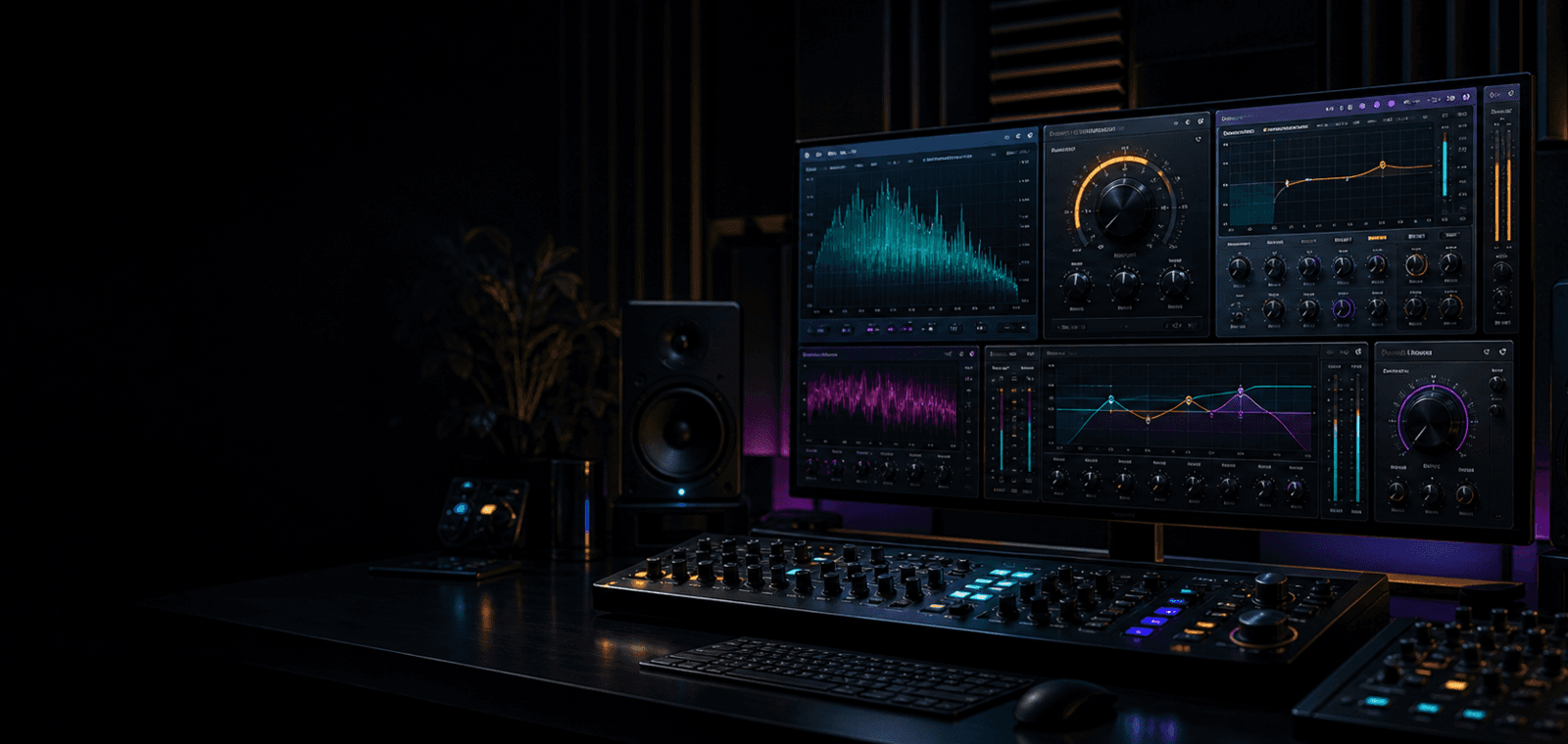 Audio plugin interface with spectrum bars and mastering controls