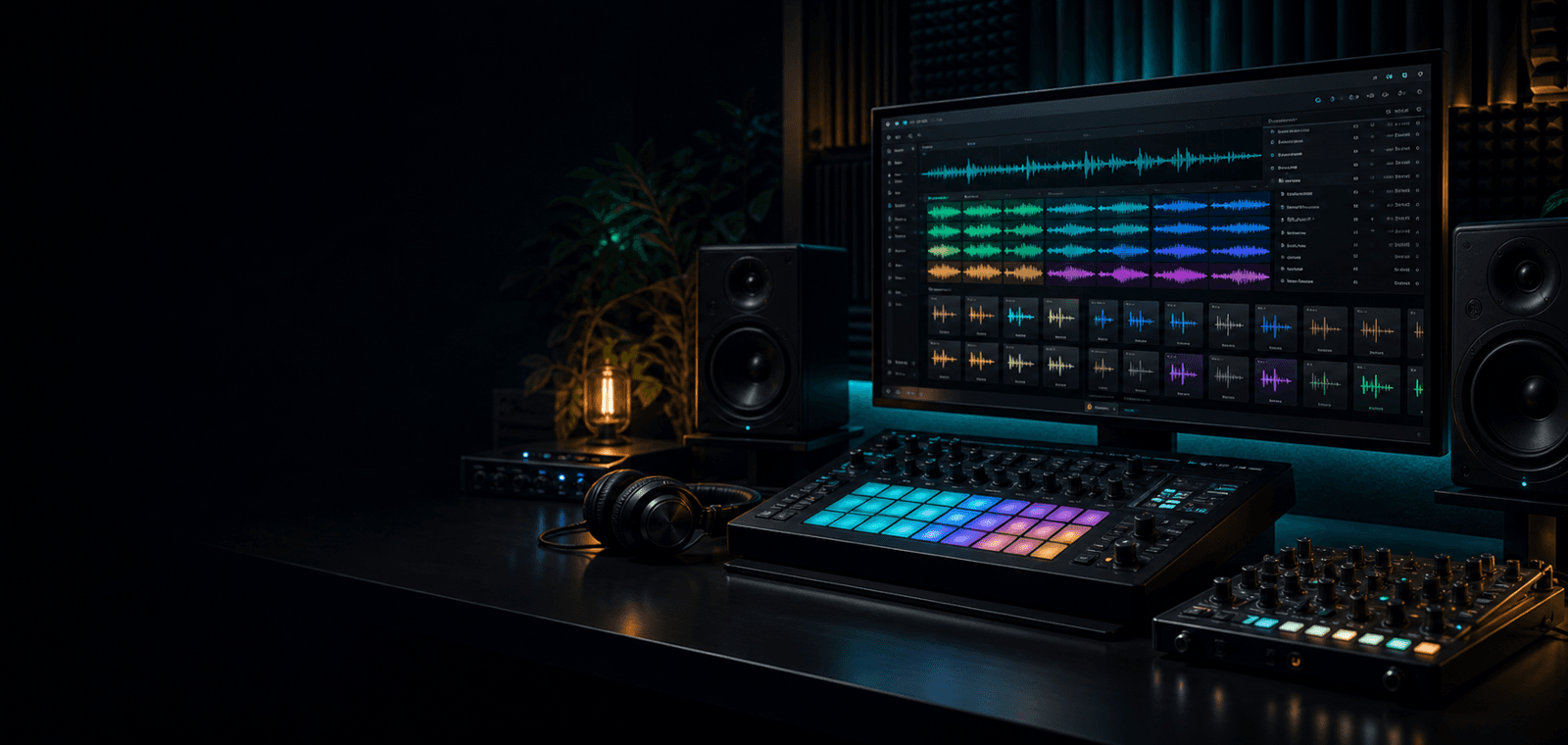 Sample pad grid with loop waveform and colored audio blocks