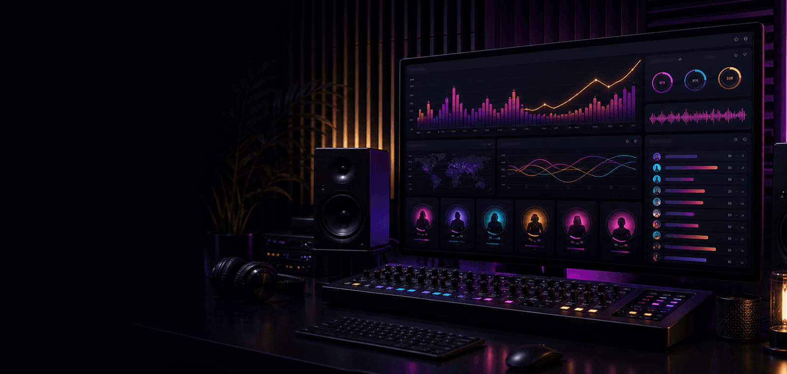 Music chart dashboard with colorful trend bars and waveform analytics