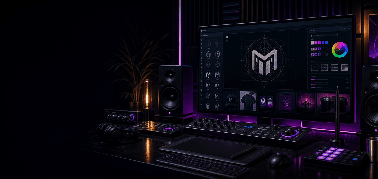 Design tool interface with connected logo shapes and color swatches