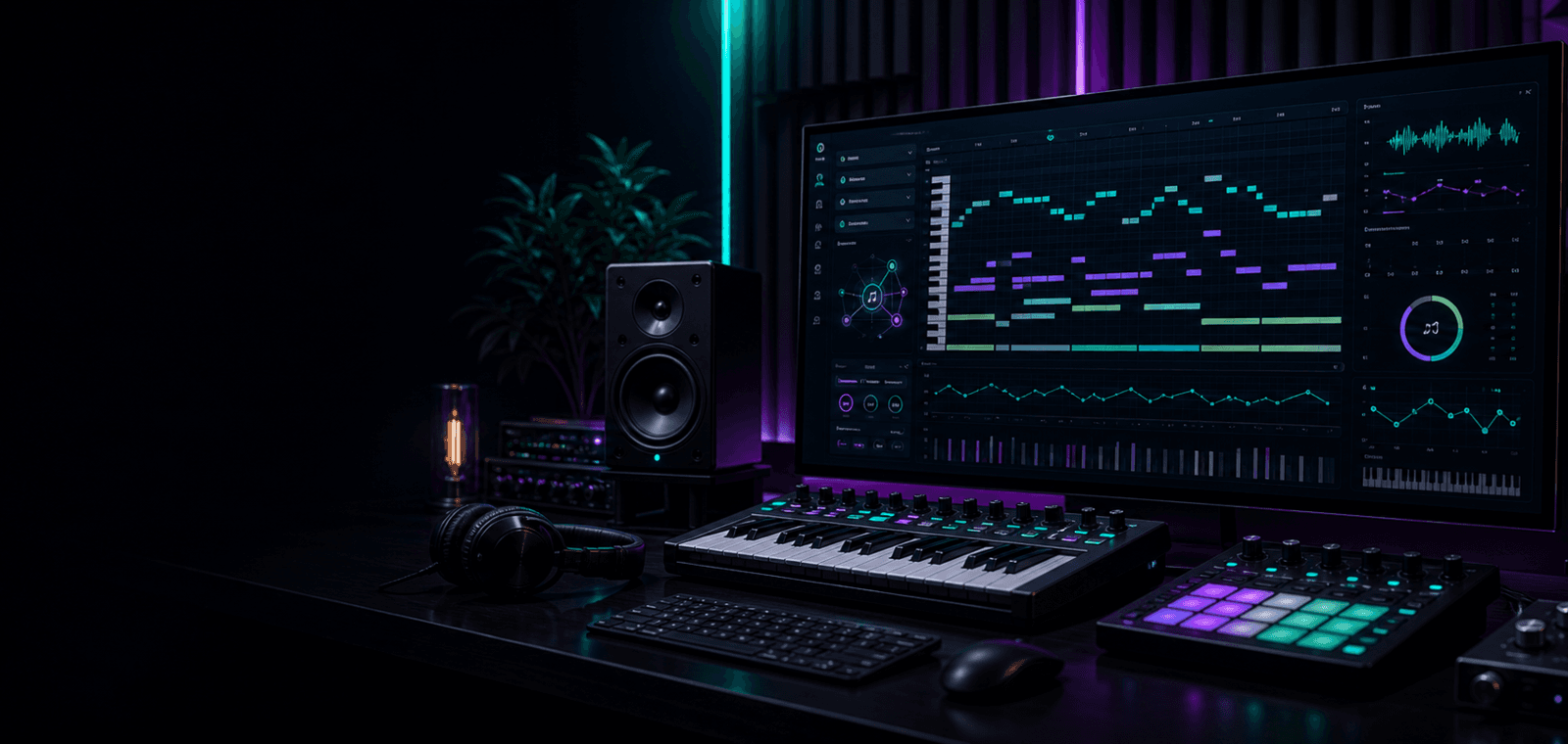 MIDI composition interface with piano keyboard and melody lanes