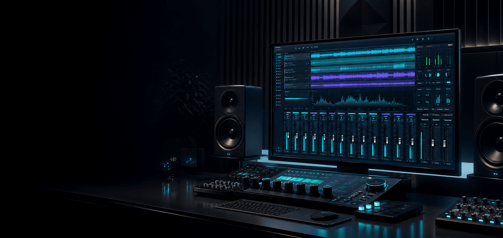 Cloud stem mixer with faders, meters, and mix controls
