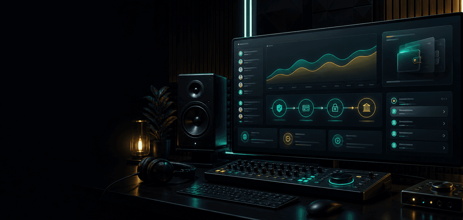 Secure payments dashboard with revenue cards and payout nodes