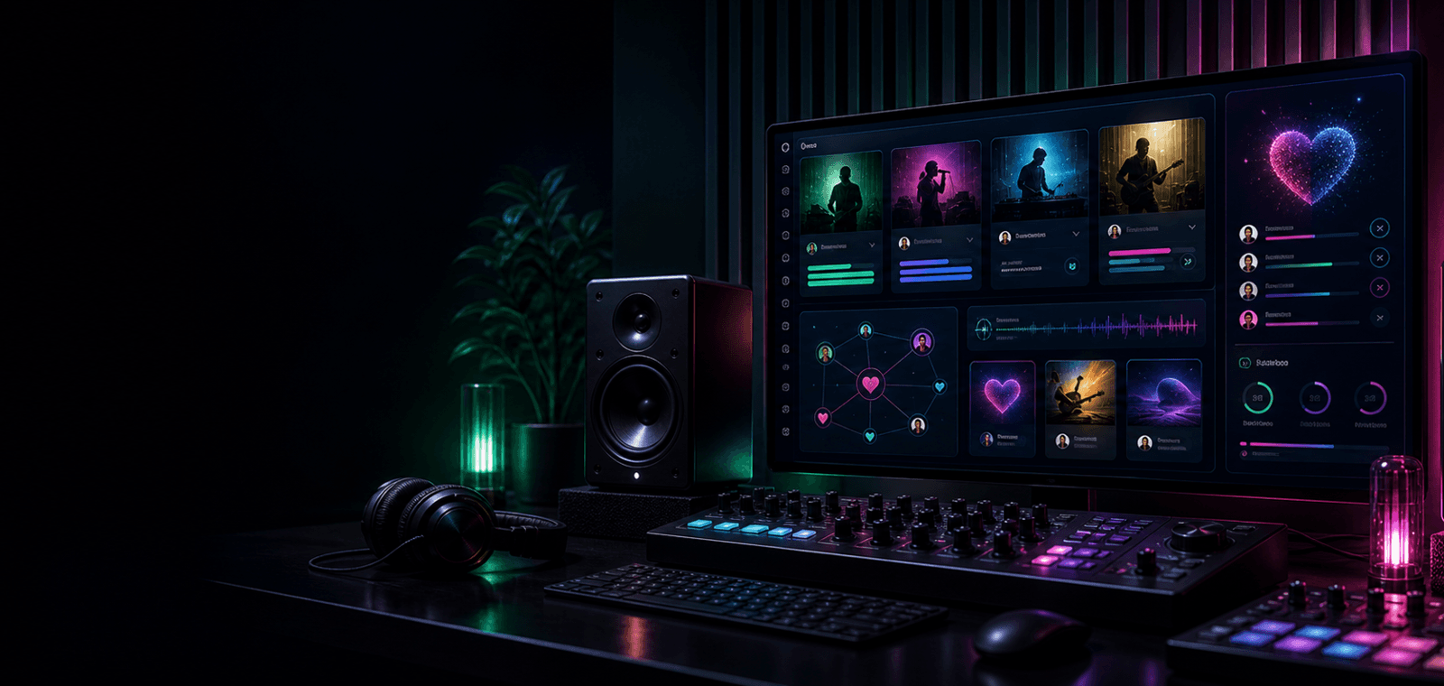 Independent artist support dashboard with creator cards and fan nodes