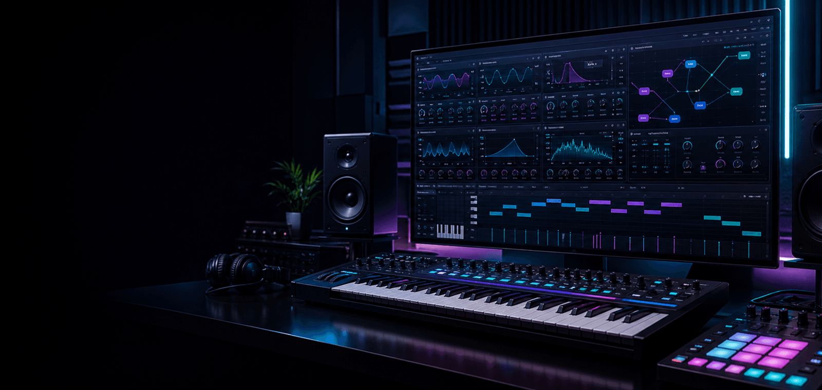 Cloud synth interface with patch nodes, waveform lanes, and piano keys