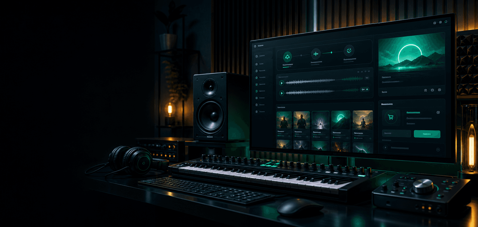 Audio storefront dashboard with waveform and track cards