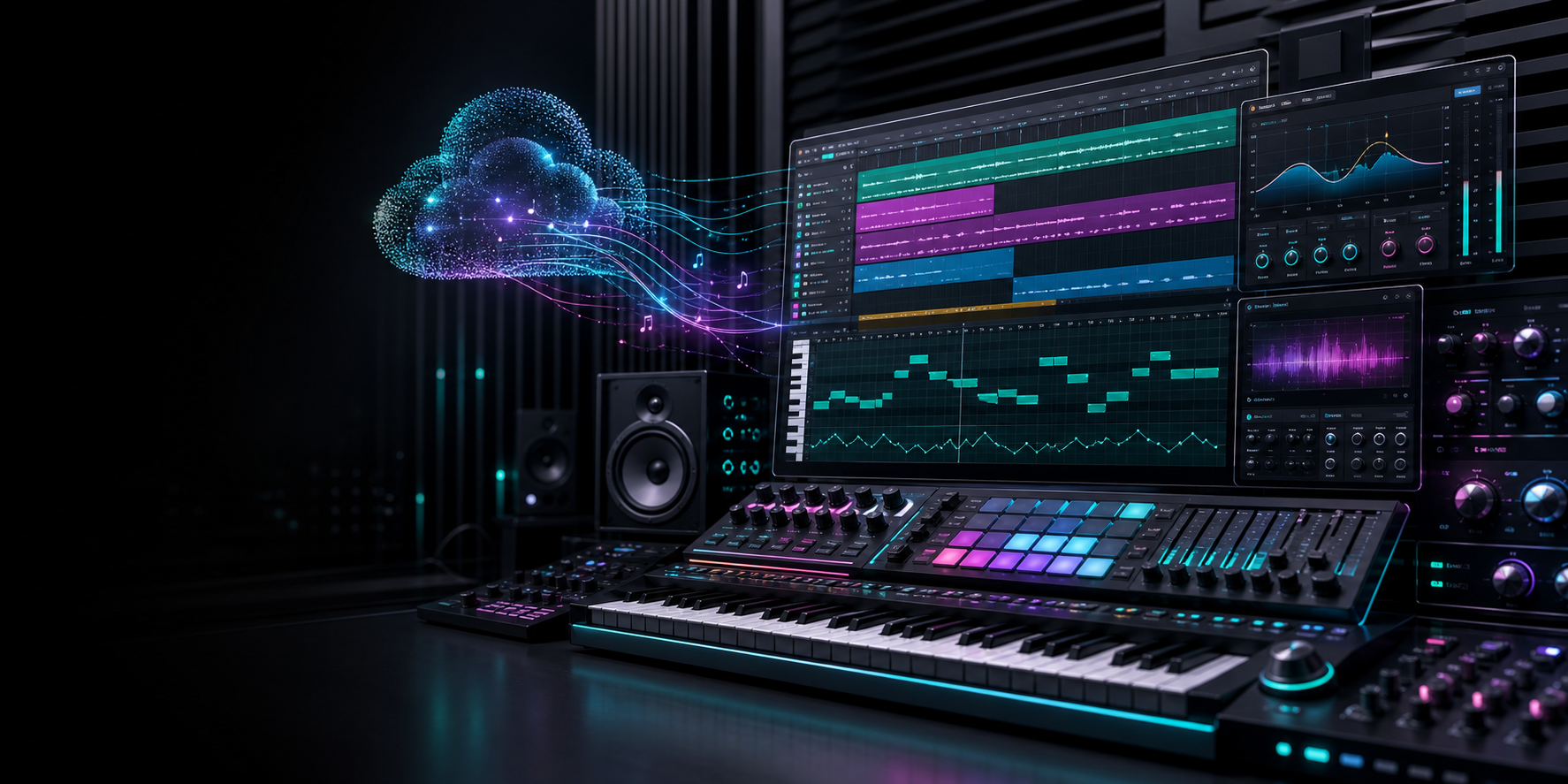 Online Music Studio timeline, instruments, and mixer.